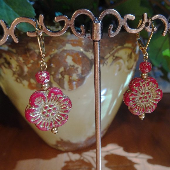 Handcrafted artisanal earrings with whimsical Czech windflowers in 12 colors - Picture 3 of 17